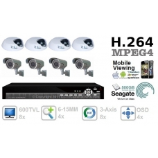 Combo 600TVL 8 ch channel CCTV Camera DVR Security System Kit Inc H.264 Network Mobile Access DVR All-Weather 6-15mm IR 40M Bullet and Indoor 2.8mm 3-Axis Bracket IR 10M Dome Camera 500GB HDD